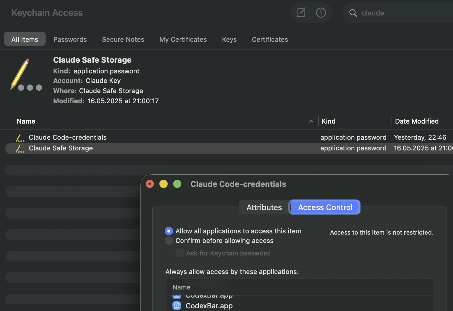 CodexBar Keychain access control