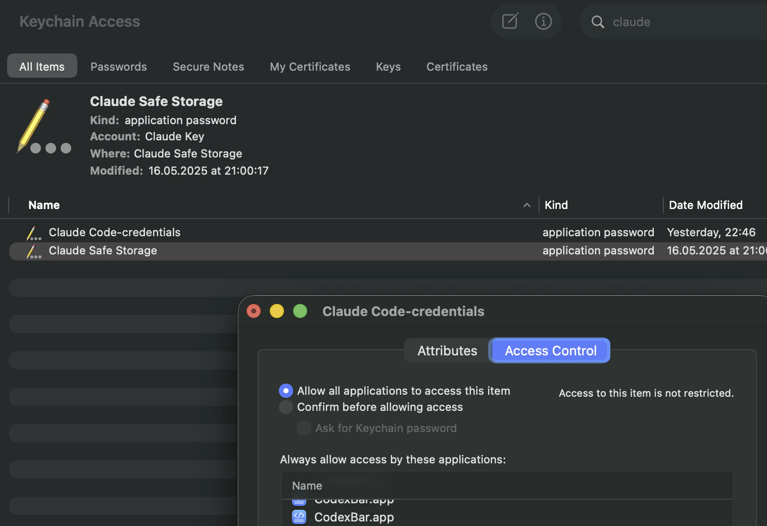 CodexBar Keychain access control