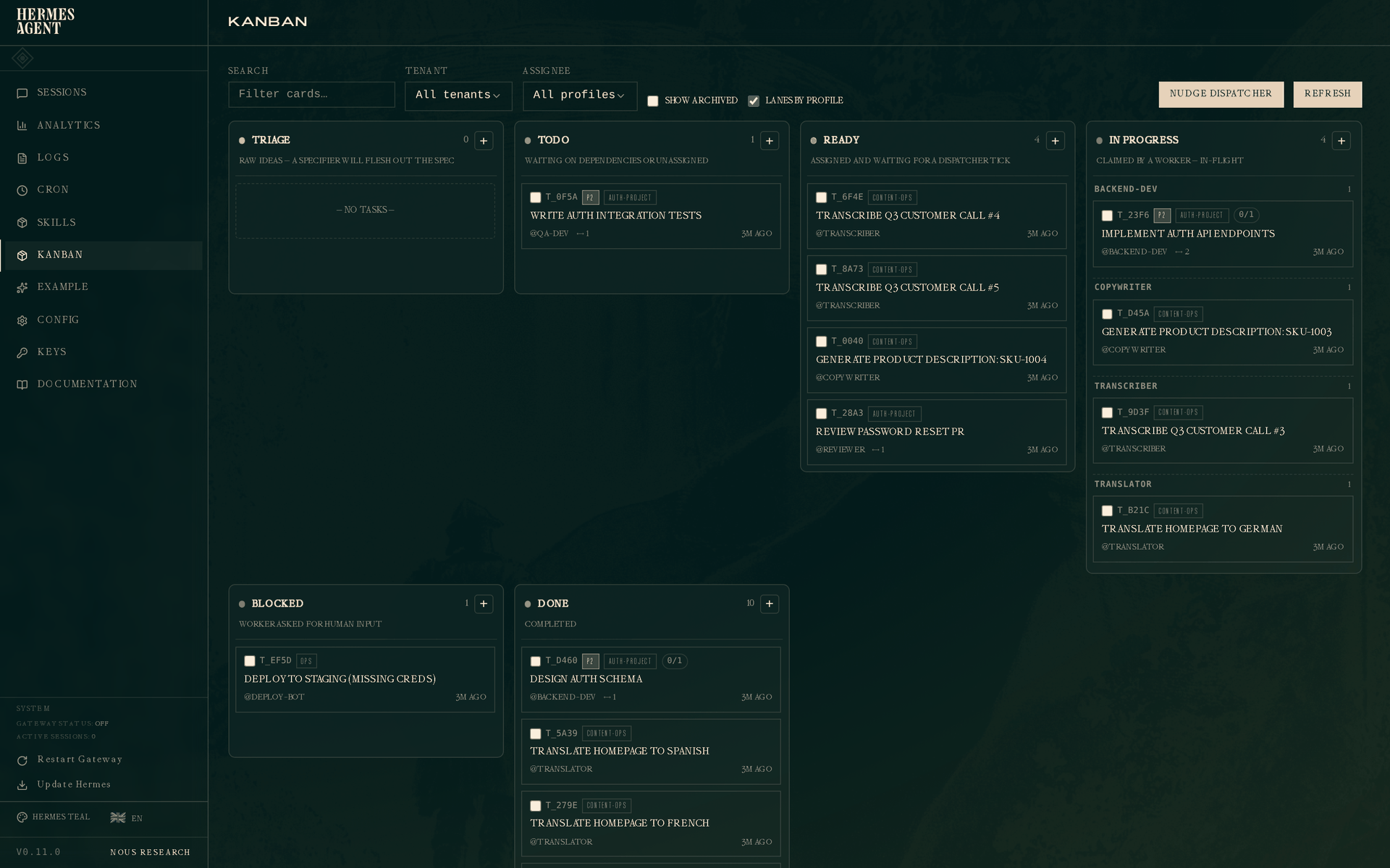 Hermes Agent Kanban dashboard