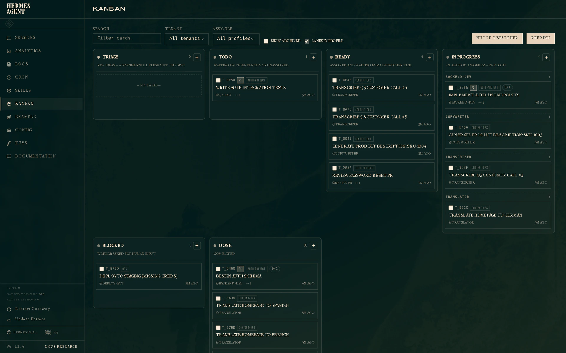 Hermes Agent Kanban dashboard