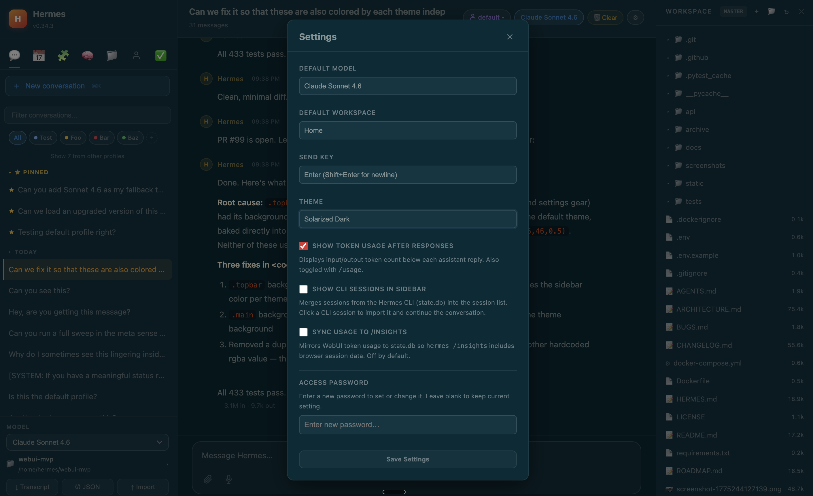 Hermes WebUI settings and password