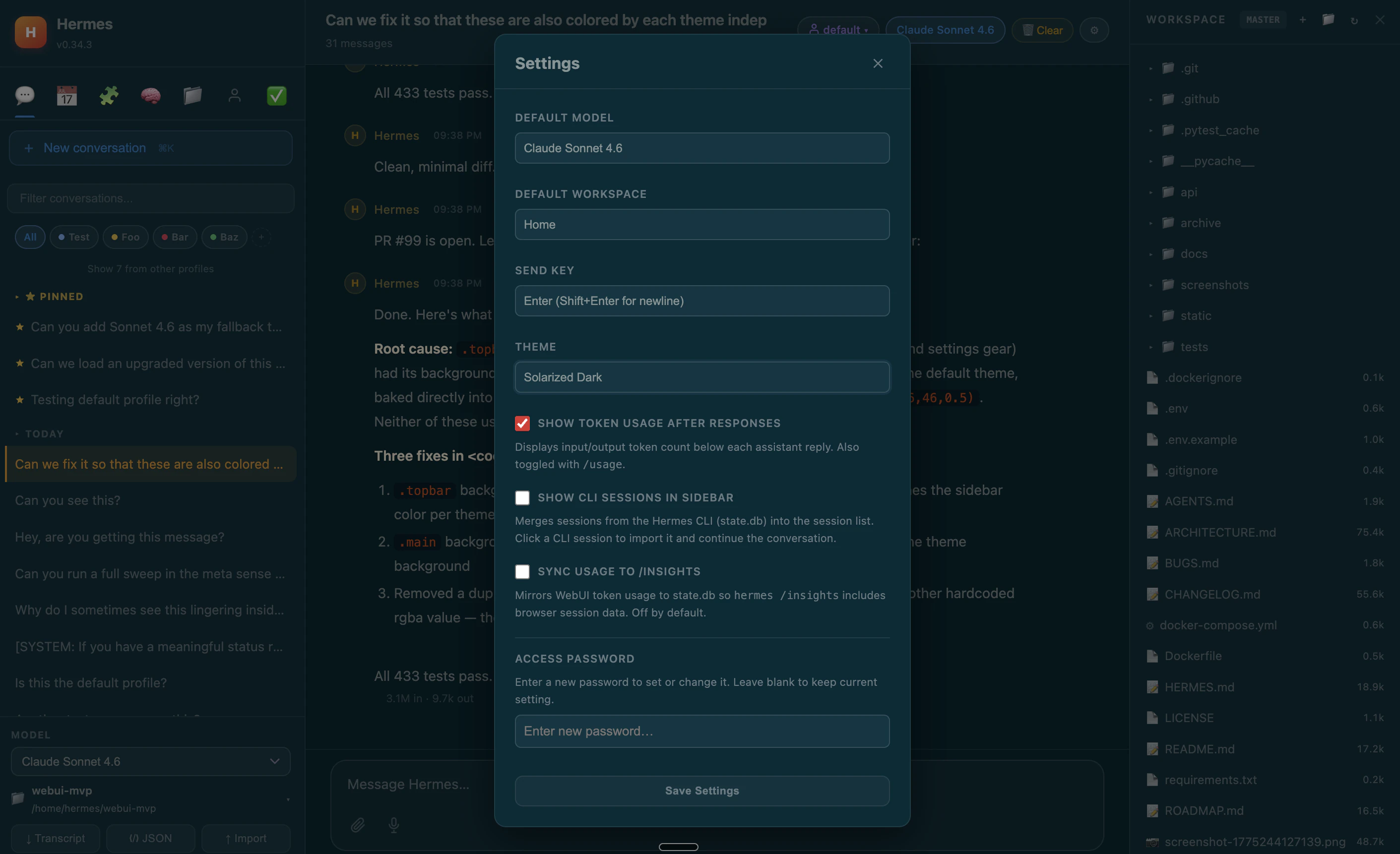 Hermes WebUI settings and password