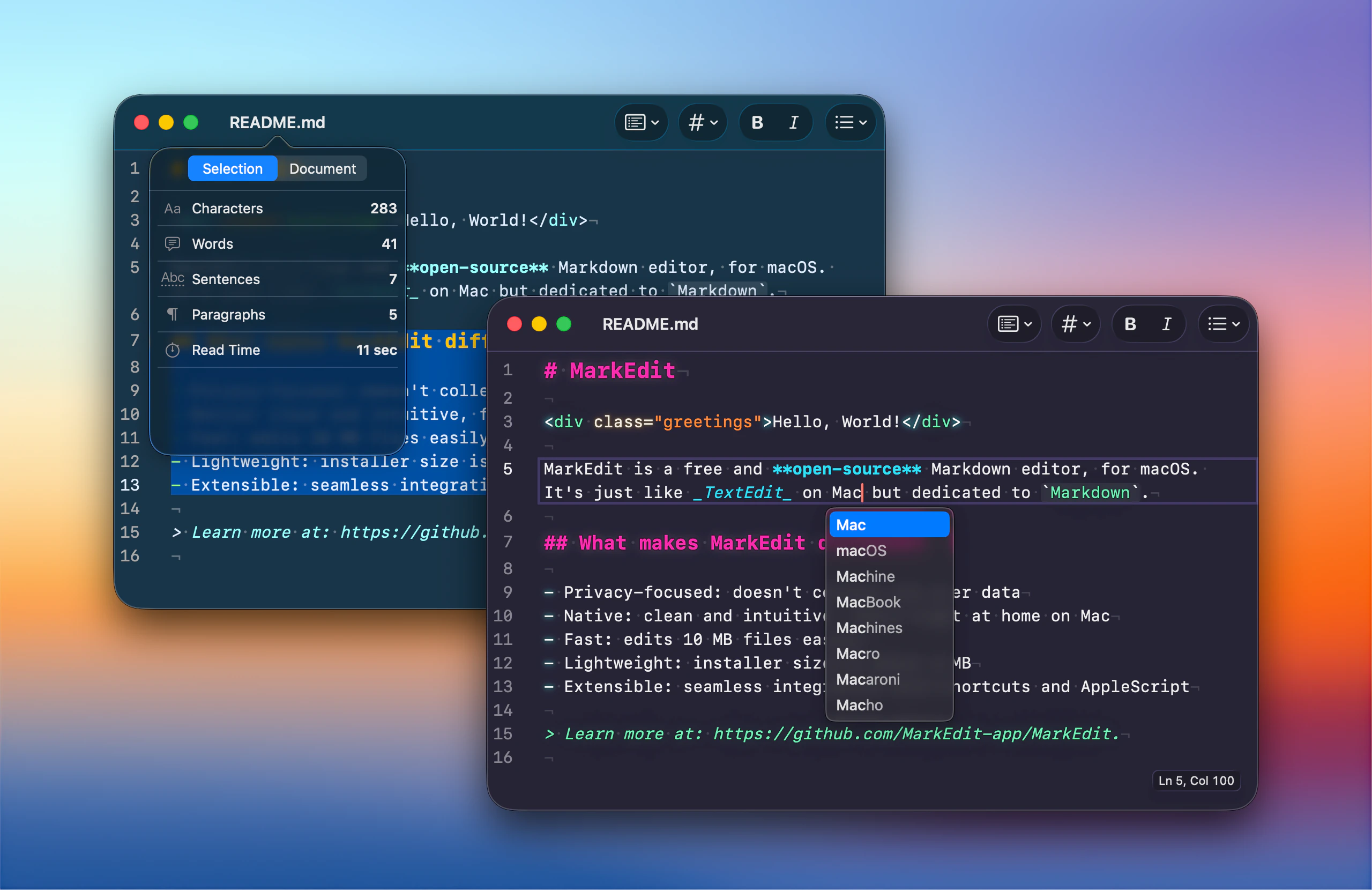 MarkEdit statistics and completion