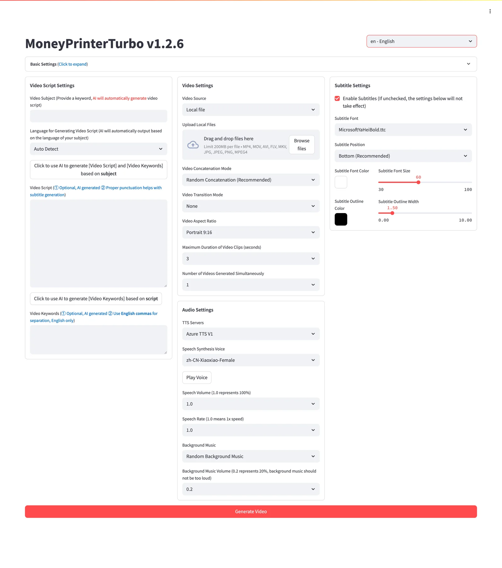MoneyPrinterTurbo WebUI