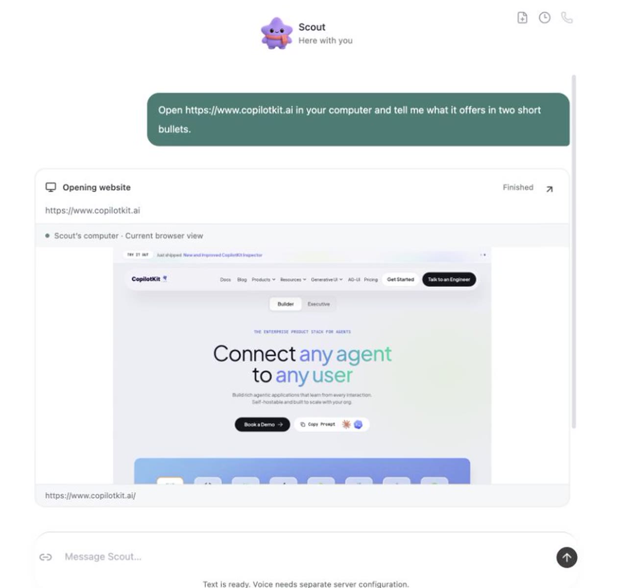 OpenDots의 Scout가 채팅에서 브라우저를 여는 공식 데모 화면