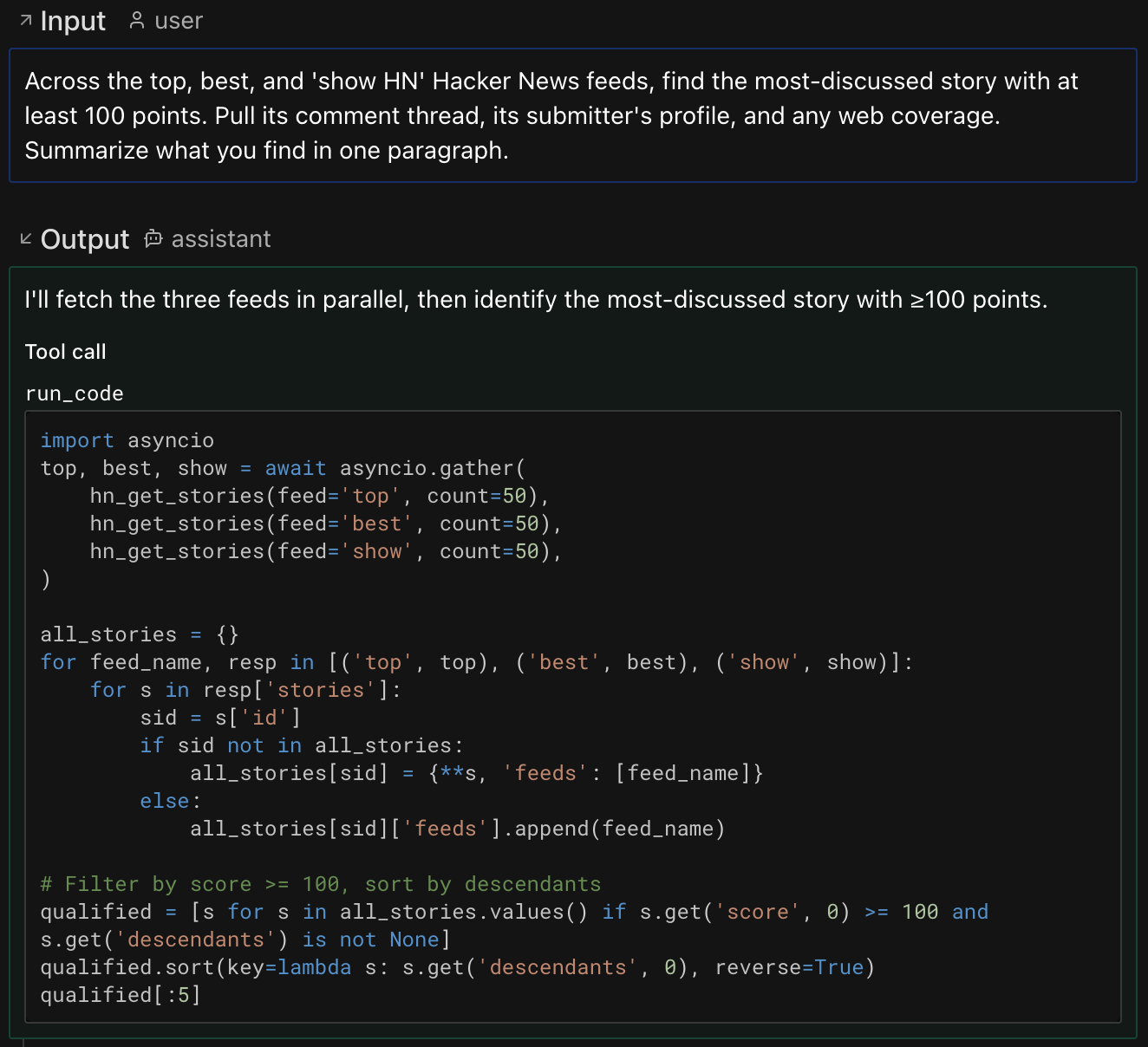 Pydantic AI Harness CodeMode trace