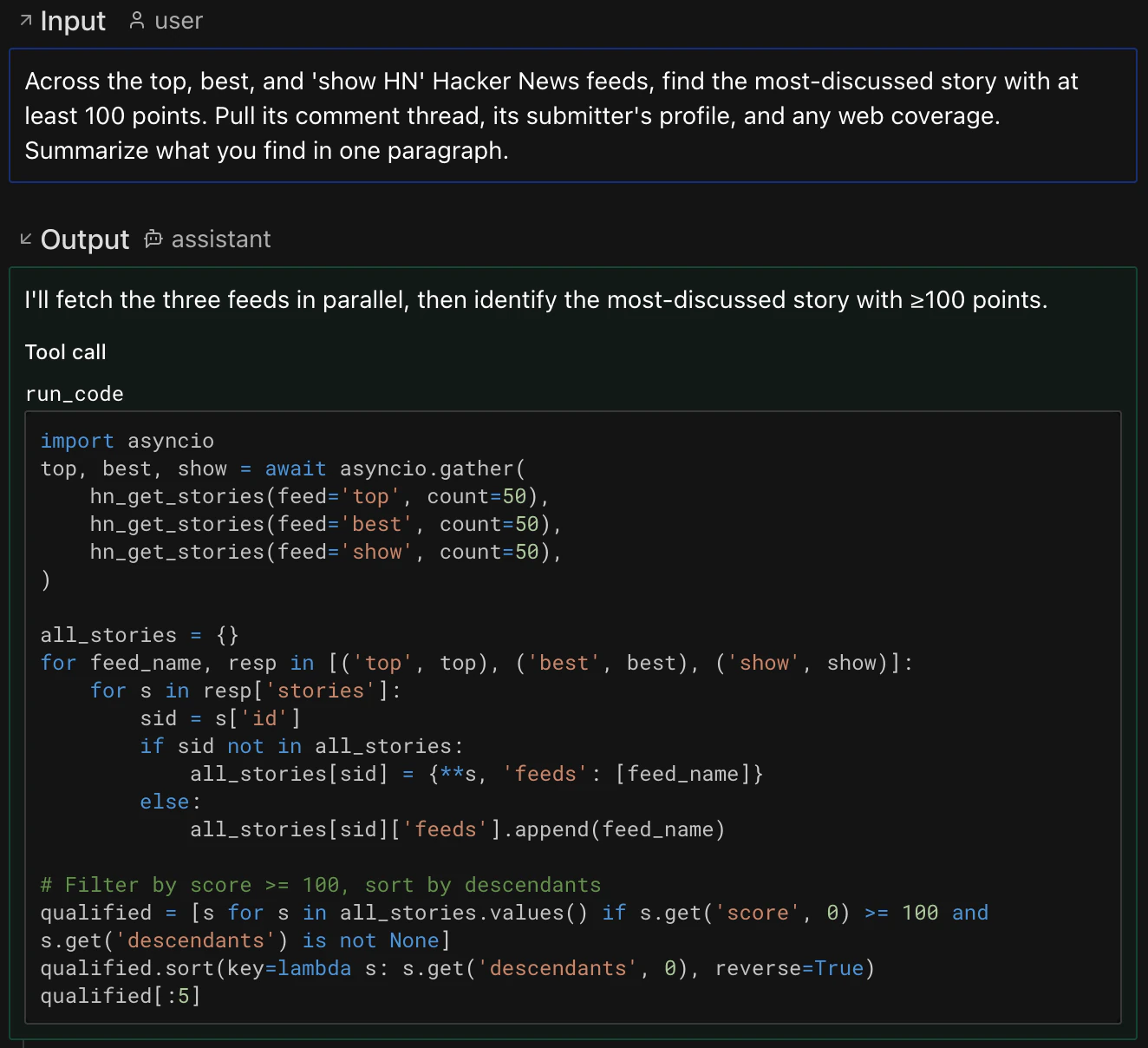 Pydantic AI Harness CodeMode trace