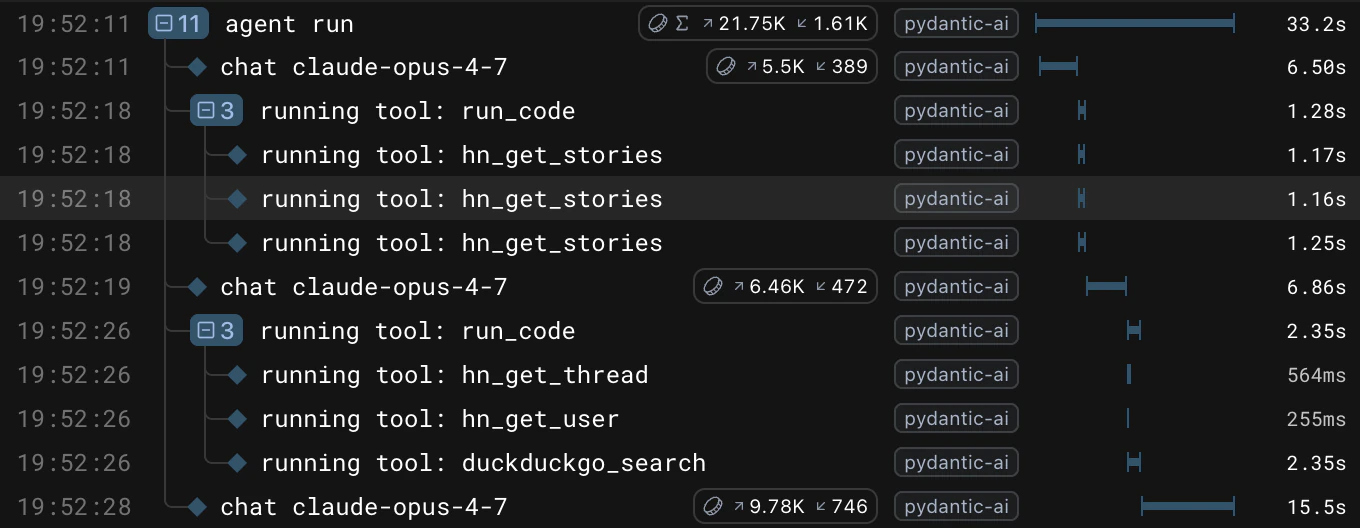Pydantic AI Harness quick start trace