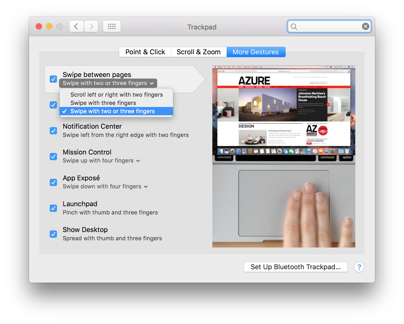 macOS 트랙패드의 페이지 쓸어넘기기 설정