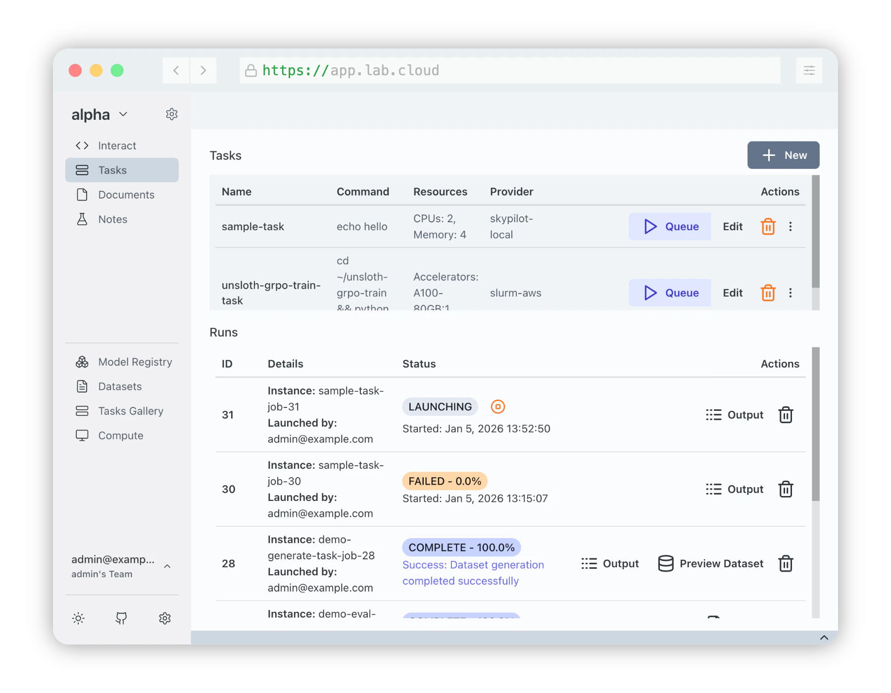 Transformer Lab task queue UI